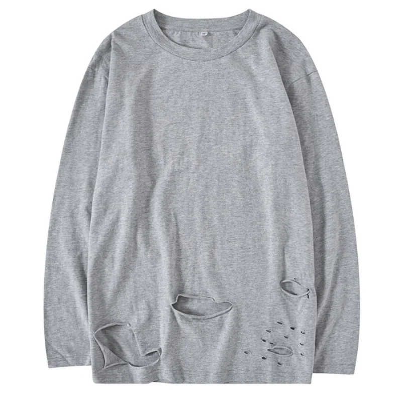 QoolXCWear рваная футболка с дырками Мужская Повседневная футболка большого размера с круглым вырезом и длинным рукавом, однотонная уличная одежда, рубашка 2086 - Цвет: grey