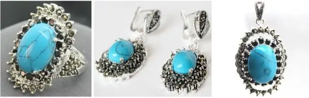 Jewelry Pearl Set Vintage Blue Stone 925 Sterling Silver Marcasite Ring (#7-10) pendant and earrings sets Free Shipping | Украшения и
