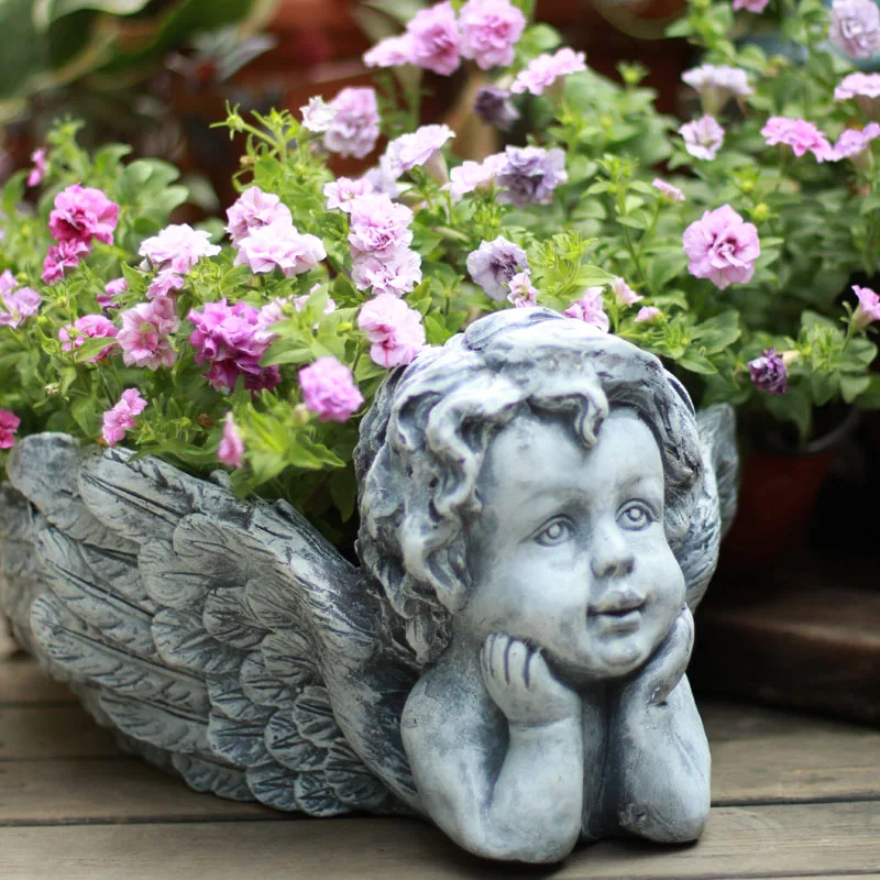 

Garden Decor Courtyard Magnesium Oxide Retro Kneeling Angel Boy Thinking Sculpture Flower Pot Park Landscape Outdoor Sculpture