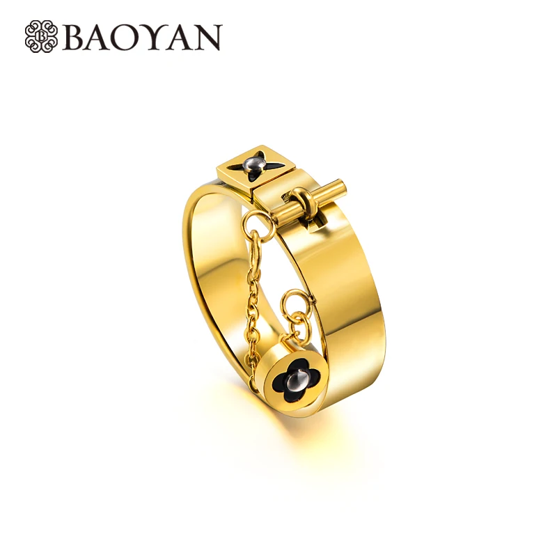 

Baoyan Fashion Clover Flower Ring Love Gothic Promise Wedding Engagement Ring Gold/Sliver Stainless Steel Finger Rings For Women