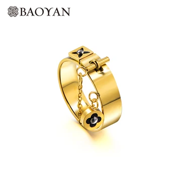 

Baoyan Fashion Clover Flower Ring Love Gothic Promise Wedding Engagement Ring Gold/Sliver Stainless Steel Finger Rings For Women