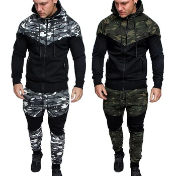 

Men tracksuit sport 2PCS Set Spring Sportswear Tops And Pant Camo Zipper Tops Camouflage Patchwork Trousers D30