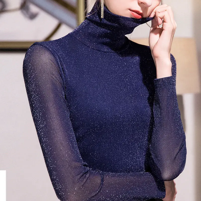 

Autumn And Winter New High-Neck Flashing Silk Long-Sleeved Western-Style Bottoming Shirt Bright Silk Gauze Top Women