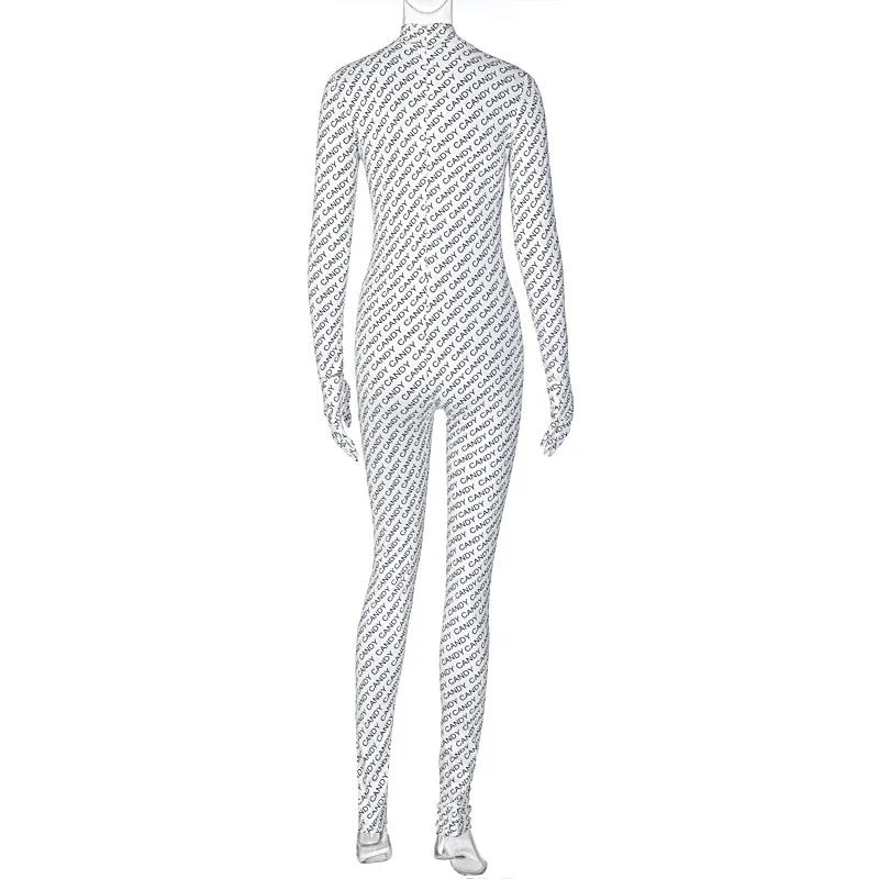 Anjamanor Fashion Letter Print White Sexy Jumpsuit With Gloves Women Clubwear Long Sleeve Bodycon One Piece Outfit D70 Dz32 Jumpsuits Aliexpress