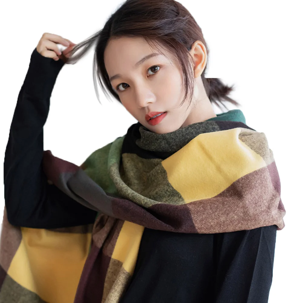 Шарф с кисточками тёплый шарф-шаль Зимний женский искусственный кашемир цвет блок плед