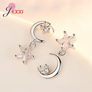 

Newest Trendy Punk Earrings for Ladies Female S925 Silver Shining Clear Cubic Zircon Stone Pave Moon Star Asymmetrical Pendiente