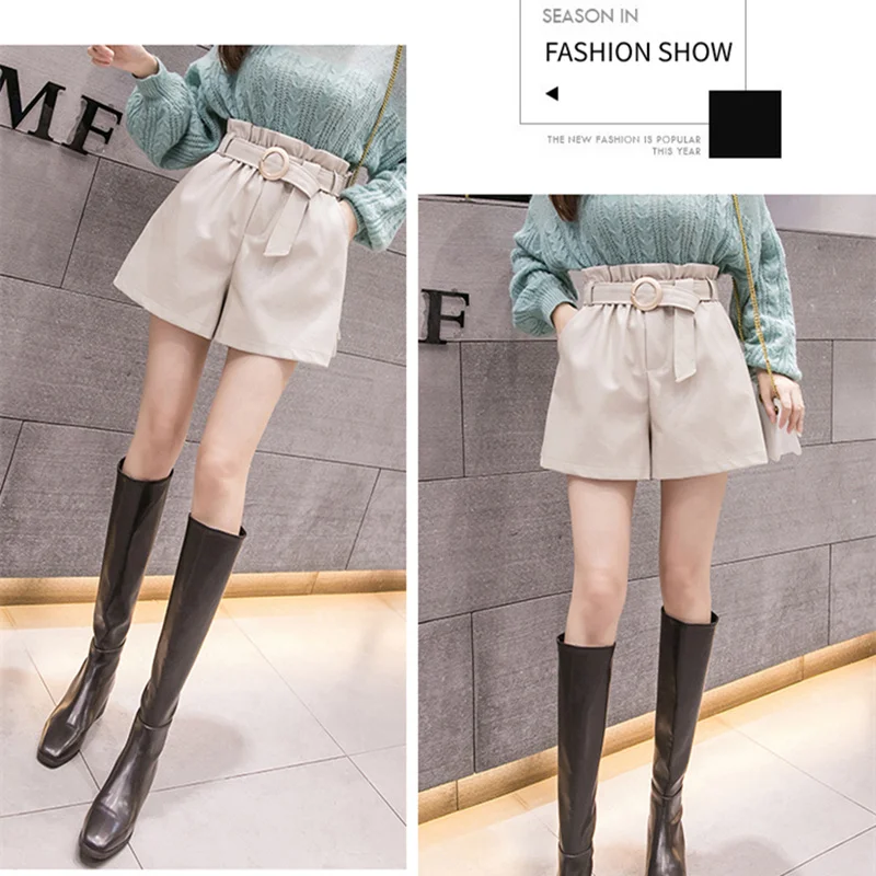 REALEFT Autumn Winter PU Leather Short Belt High Waist Vintage Black Wide Leg Pants Casual Short Pant Female Pocket New