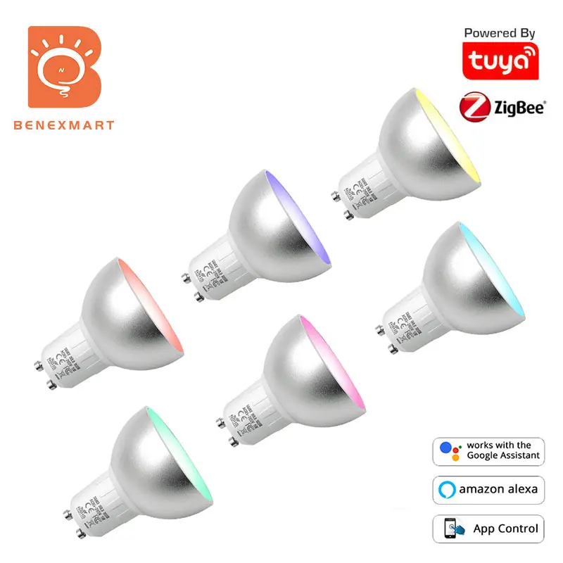 Benexmart Gu10 6pcs Tuya Zigbee 3.0 Smart RGBCW LED Bulb SmartThings Alexa Google Home Dimmable Spotlight Bulb Indoor Lighting