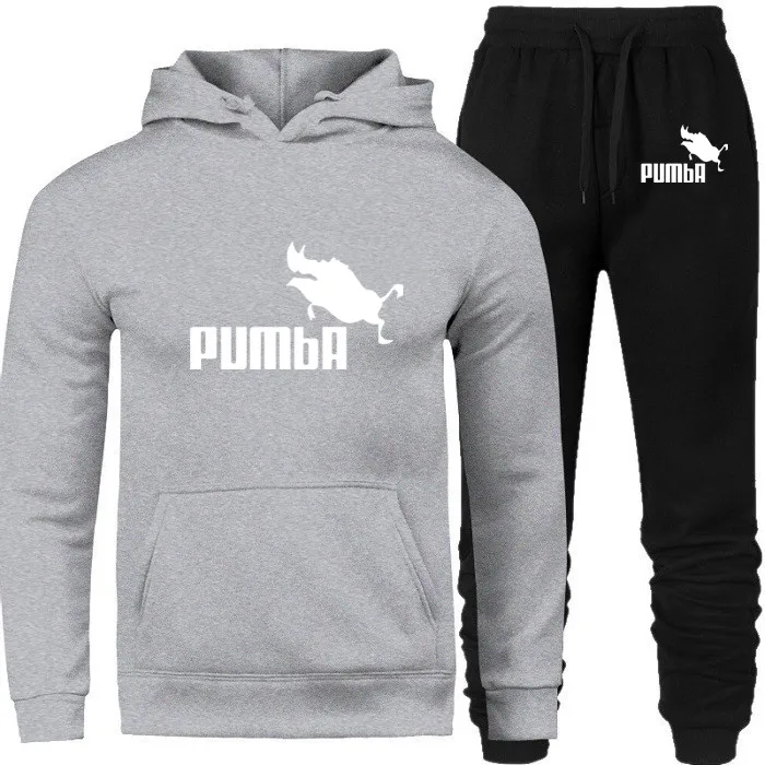 PUMBA, новая мода, мужские толстовки, костюмы, брендовый спортивный костюм для мужчин/женщин, толстовки+ спортивные штаны, Осень-зима, флисовый пуловер с капюшоном - Цвет: gray