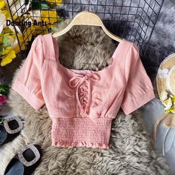 

Women Short Blouses Short Sleeved Square Collar Skinny Sexy Crop Tops Korean Streetwear Bondage Elastic Waist Blouse 2020 Summer