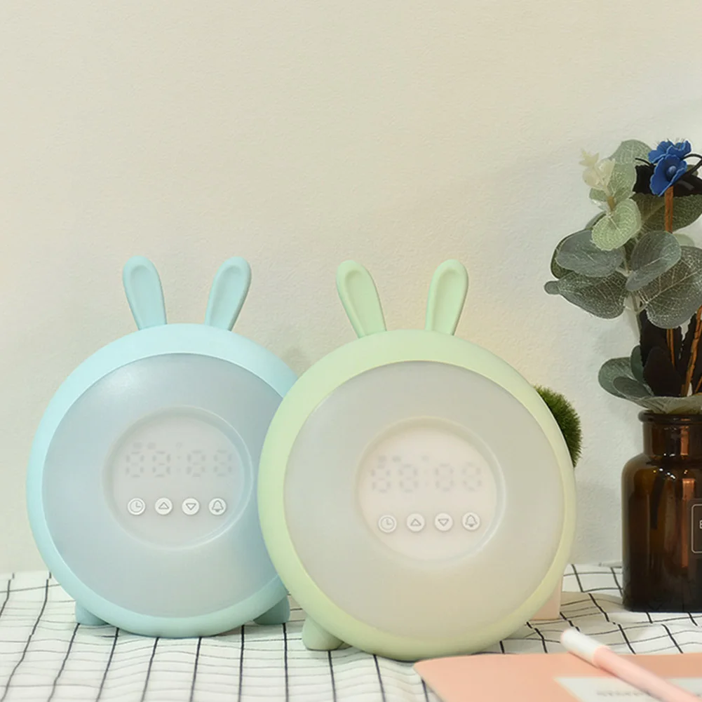 Snooze Gift Bedside Colorful LED Cartoon Cute Touch Button ABS Student Sunrise Simulation Wake Up Light Rabbit Alarm Clock