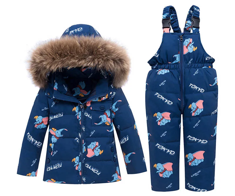 Navy blue IYEAL/зимние теплые комплекты детской одежды парка с натуральным мехом для маленьких девочек детский лыжный костюм Детский пуховик+ комбинезон - Цвет: Navy blue