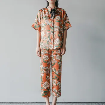 

Women's Spring Thin Short Sleeve Pajamas Set Daisy Printing Simple Comfortable Japanese-style Retro Home Wear Satin Sleepwear