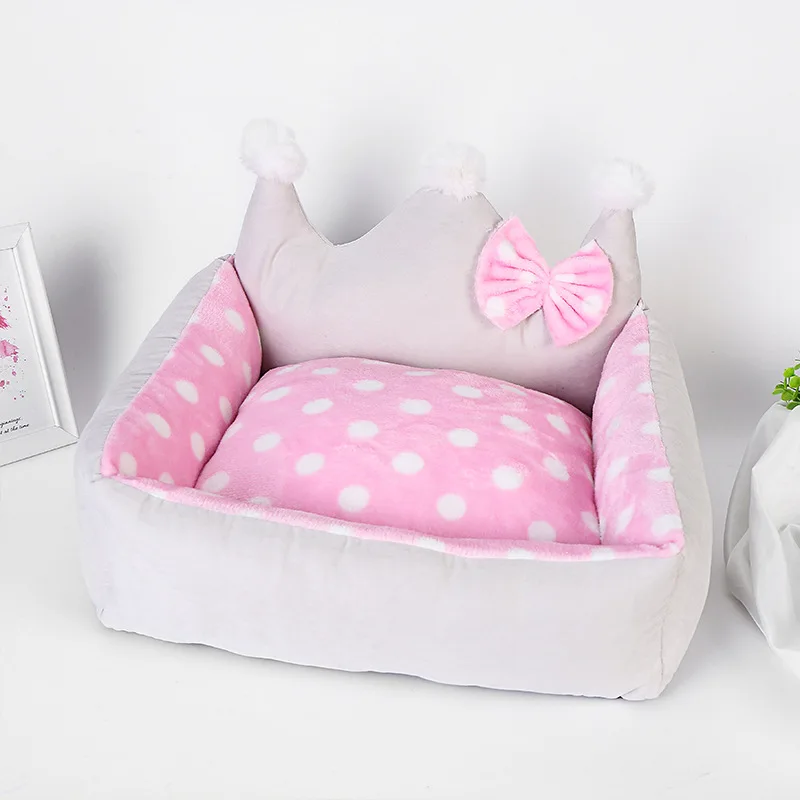 pink Бархатный коврик для кровати собаки, Съемный и моющийся, с бантом, диван для собаки с шаром, теплое гнездо, милый домик для щенка, маленькая, средняя кровать для собаки - Цвет: pink