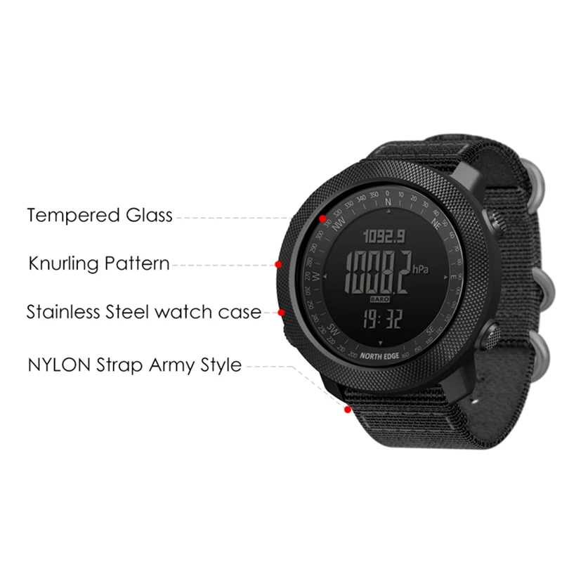 Часы North Edge мужские цифровые спортивные в стиле милитари с барометром