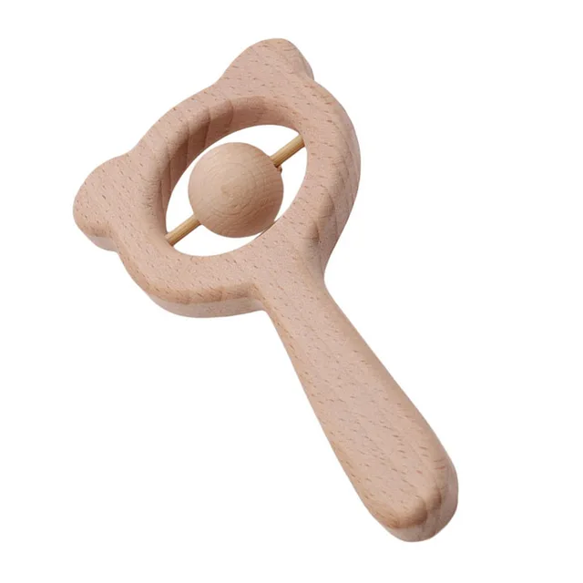 Baby Wooden Rattle Beech Bear Hand Teething Wooden Ring Baby Rattles Play Gym Montessori Stroller Toy Educational Toys for Kid set-14