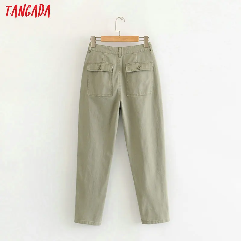 Tangada Женские повседневные зеленые брюки с карманами, высокая талия, длина по щиколотку, Стильные черные брюки, pantalones HY102