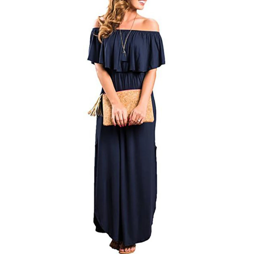 

Side Split Pullover Beach Summer Solid Ruffle With Pockets Party Maxi Women Dress Cotton Blend Sexy Pocket Off The Shoulder