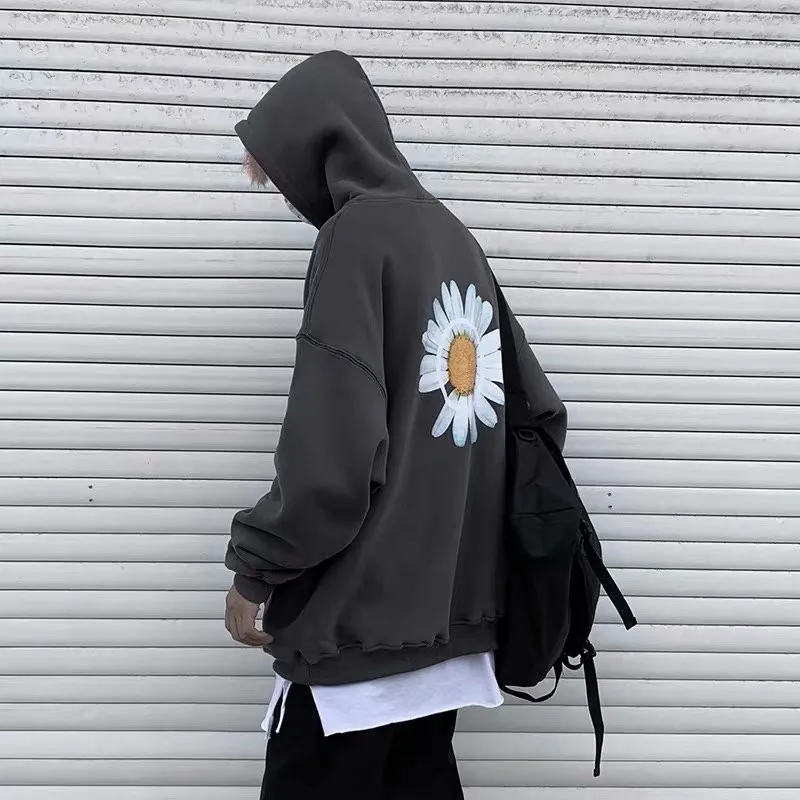 2021 New Arrival Men Hoodies Fleece Thick Sweatshirts Autumn Oversized Print Casual Flower Hooded