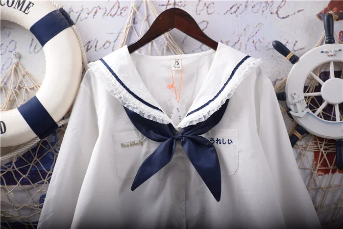 Японские белые рубашки в стиле Лолиты, женские винтажные кружевные топы принцессы с рюшами, милые школьные блузки на пуговицах с матросским воротником для девочек-подростков