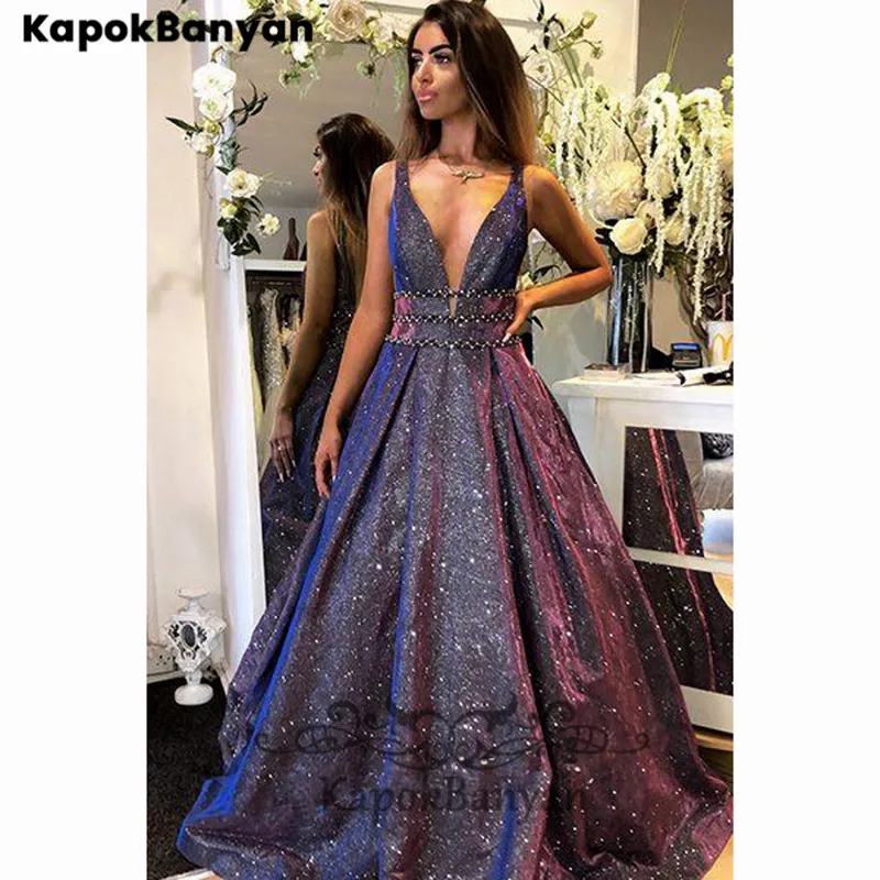 Deep V-neck V-back Sleeveless Shiny Sequins Fabric Long Prom Dresses for Sexy Woman satin prom dress