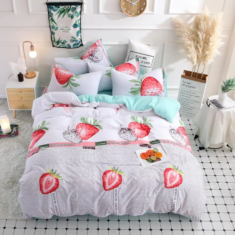 

Strawberry Reactive printed Bedding Sets Polyester Cartoon Style duvet cover + flat sheet + pillowcase