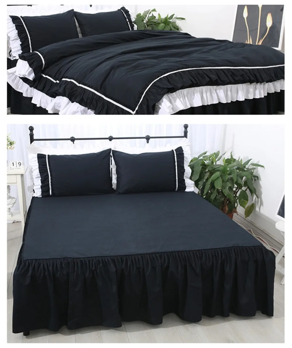 Free shipping 100%cotton Korean princess solid color black gray ruffles bed skirt kit bedding set twin full queen king size YYX