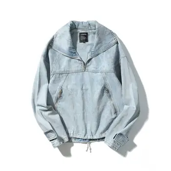 

Vintage Pullover Denim Jackets Men Hip Hop Casual Oversized Zipper Denim Coat Male Fashion Jeans Jacket Streetwear Blue