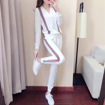 

Spring 2020 Autumn New Women V-Neck knitted Striped Casual Sweatshirts Pants Female Fashion Two Pieces Sportwear Sporting Suit