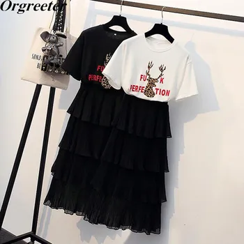 

2020 New Summer Women's Two-piece Cartoon leopard deer Printted Tshirt With Layered ruffles Black Pleated Skirts Set