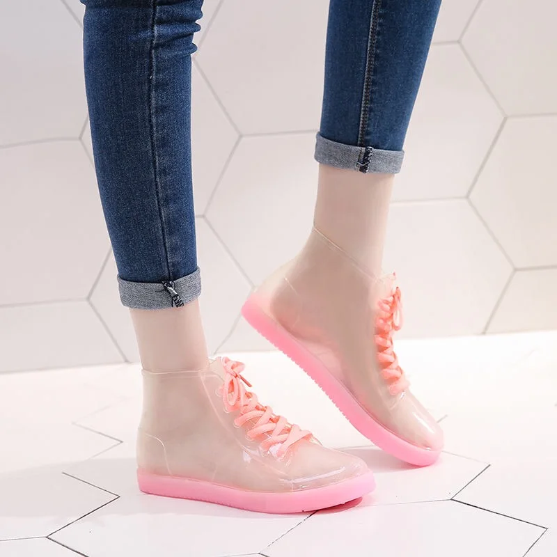 Прозрачные сапоги из пвх; женские резиновые сапоги; женская зимняя обувь; женские ботильоны; водонепроницаемые резиновые сапоги; женские ботиночки на шнуровке - Цвет: pink no sock
