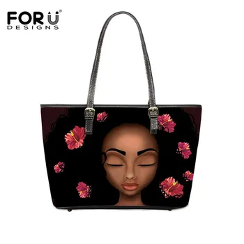

FORUDESIGNS Handbag African Beauty Afro Puffs Black Girl Print PU Leather Shoulder Bags Large Luxury Tote Bag for Ladies Girls
