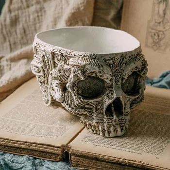 

Resin Craft Skull Head Flower Pot Carving Halloween Party Decor Skull Sculpture Ashtray Ornaments Home Decoration Accessories