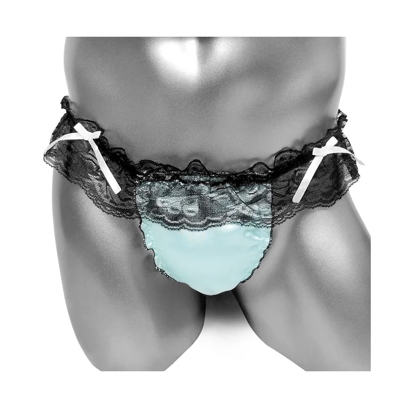 

Mens Sissy Soft Satin Lingerie Panties Ruffled Lace Frilly Bowknot High Cut Low Rise Bikini G-String Thong Male Underwear
