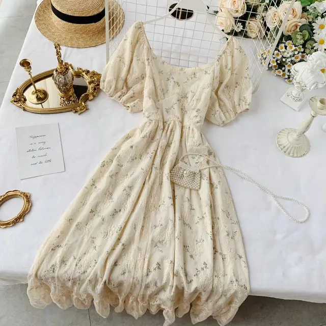Summer Fairy Dress Women French Style Vintage Retro Chiffon Dress Puff Sleeve Casual Elegant Floral Print Dress Women 2021 New 2