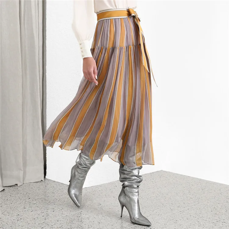 Винтажные полосатые длинные юбки для женщин осень хит цвет вертикальные полосы высокая талия юбка женская шифоновая плиссированная юбка макси