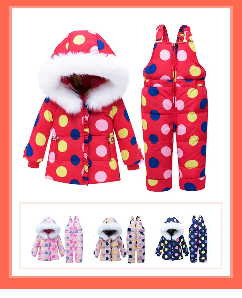 Детский зимний комбинезон в горошек, плотные теплые лыжные костюмы для маленьких девочек 2 предмета, пуховик с капюшоном+ комбинезон, детское зимнее пальто Z639