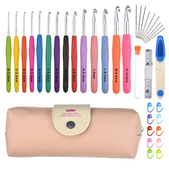 

Jiwuo 14pcs 2.0mm-10.0mm Crochet Set Soft Handles Knitting Needles Kit Knitting Craft Case Crochet Stitching Weaving Sewing Tool