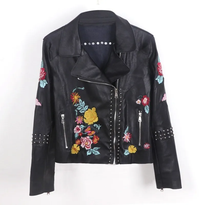 Женские куртки из искусственной кожи с цветочной вышивкой и заклепками, уличные куртки с длинными рукавами на молнии, модные женские короткие мотоциклетные пальто - Цвет: black