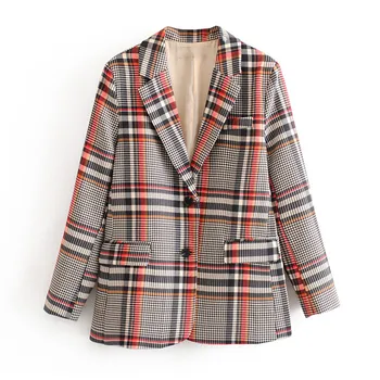 

Stylish Single Breasted Plaid Women Blazer Pockets Jackets Female Retro Suits Coat Feminino blazers Outerwear High Quality