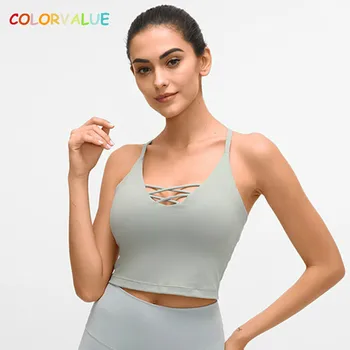 

Colorvalue Sexy Plain Fitness Workout Crop Tops Women Super Soft Nylon Yoga Sport Bra Tops Padded Strappy Athletic Running Bras