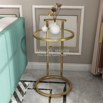

Nordic Gold Coffee Table Living Room Rack Sofa Corner Round Movable Bedside Table Living Room Study Table Metal Glass Sidetable