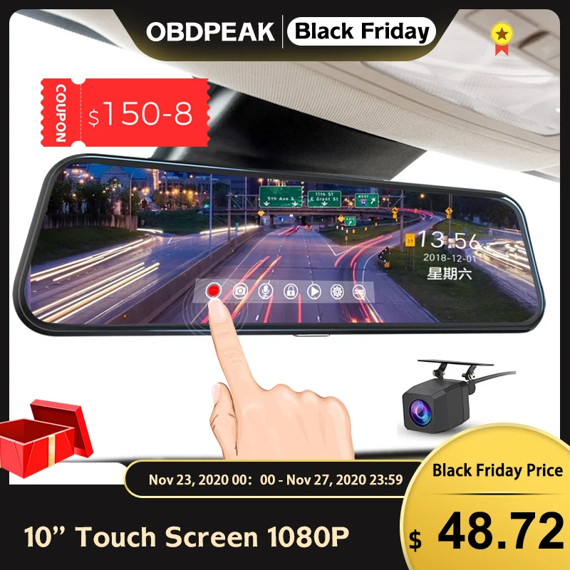 Автомобильный видеорегистратор OBDPEAK 10 дюймов сенсорный экран 1080P потоковая