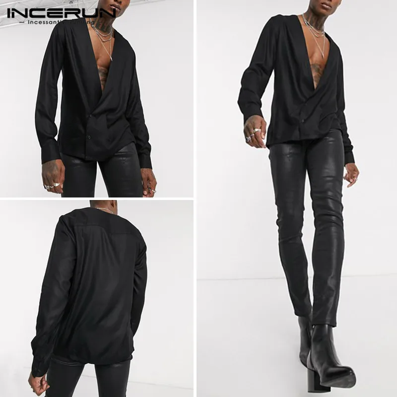 Mens Shirt Casual Double Breasted Shirts Fashion Chic Deep V Neck Long Sleeve Blouse Man Chic Black Club Tops Camicia Plus Size