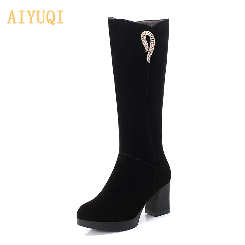 AIYUQI; женские зимние ботинки; замшевые ботинки из натуральной кожи; женские высокие сапоги; пикантная женская обувь; высокие женские сапоги на платформе и высоком каблуке
