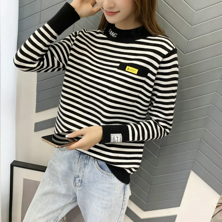 Woman Autumn Winter Pullover Sweater Pink Beige Black Cross Stripe Knitwear Letter Pattern Knitting Tops Female Pullover Outfit