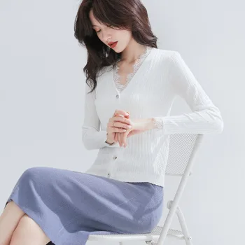 

Spring and autumn thin long-sleeved solid color V-neck cardigan women gray