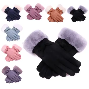 

One Size Winter Gloves for Women Warm Suede Bowknot Full Finger Gloves Outdoor Sports Touch Screen Gloves Mittens