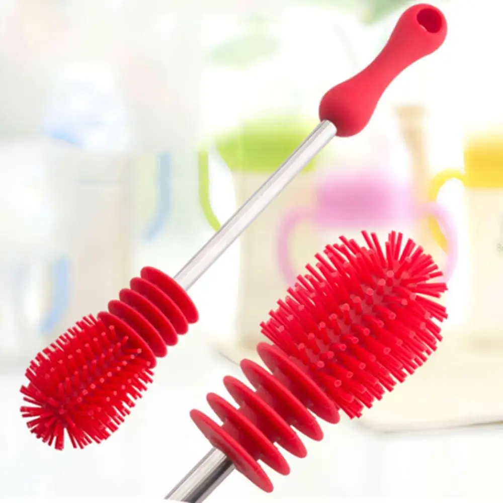 

Red Feeding-Bottle Brush Kitchen Washing Cleaning Tool Silicone Baby Bottle Brush Rotary Handle Long Handle Scrubbing Tools