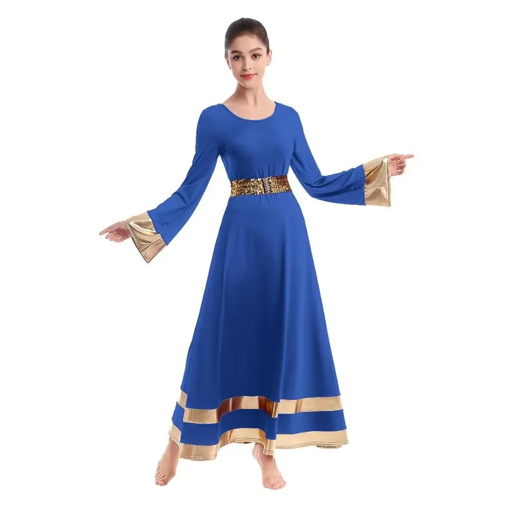 

Women Adult Praise Dress Loose Fit Long Sleeve Liturgical Praise Dance Dress Ballroom Dancewear Metallic Worship Church Costume